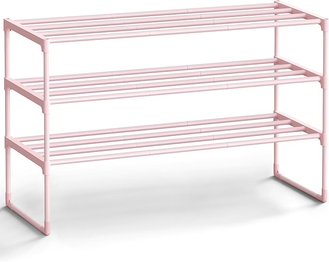 SONGMICS Shoe Rack, 3-Tier Shoe Organizer, Metal Storage Shelf, Upright or Upside Down, for 16-20 Pairs, Stackable, for Entryway, 11.8 x 36.2 x 21.7 Inches, Jelly Pink ULSA303S01