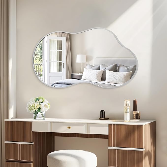 JJUUYOU Bathroom Wall Mirror Irregular Mirrors for Wall Large Brushed Metal Frame 22"x40" Vanity Wall Mounted Mirror for Living Room Bedroom Entryway Vanity Home Decor Silver