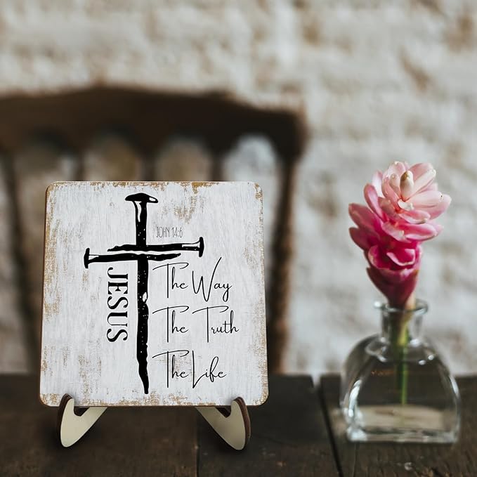 Inspirational Sign Rustic Desk Decor Decorative Christian Gifts Religious Bible Verse Motivational Decoration for Home Living Room Restaurant Office Table Shelf Tiered Tray Plaque with Wood Stand