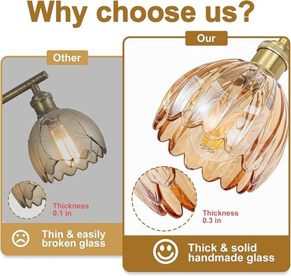 Hardwired Wall Sconces Set of Two, Vintage Wall Lights with Amber Tulip Glass Lampshade, Gold Wall Lamps for Bedroom Bedside Stairway Bathroom Living Room (Bulbs Not Included, Not Battery Powered)