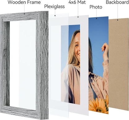 Vittanly 5x7 Picture Frame Set of 4, Display Pictures 4x6 with Mat or 5x7 without Mat, Engineered Wood with Shatter Resistant Plexiglass, Small Photo Frames for Wall or Tabletop Display, Grey