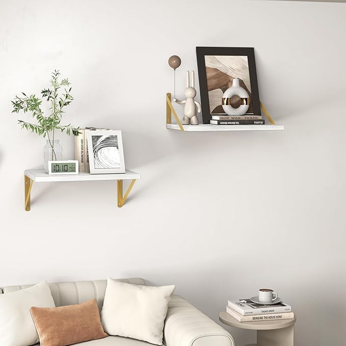Heimlove Deep Floating Shelves for Wall, 16W x 12D Wood Wall Shelves Set of 2, Wide Floating Bookshelf for Living Room, Kitchen, Office, Bedroom and Decor Storage, with Golden Bracket - White & Gold
