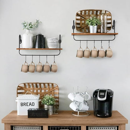 Olakee Floating Wall Shelves for Kitchen Bathroom Coffee Nook with 10 Adjustable Hooks for Mugs Cooking Utensils or Towel Rustic Storage Shelves Set of 2/17x5.9 inch (Carbonized Black)
