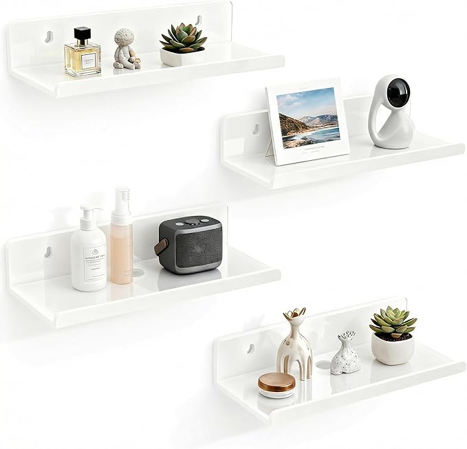 Acrylic Floating Shelves, Adhesive Wall Mount Command Shelves for Bathroom, Kitchen, Dorm - Renter-Friendly Easy Install Wall Shelves for Home Decor and Organization (Glossy White-4 Pack)
