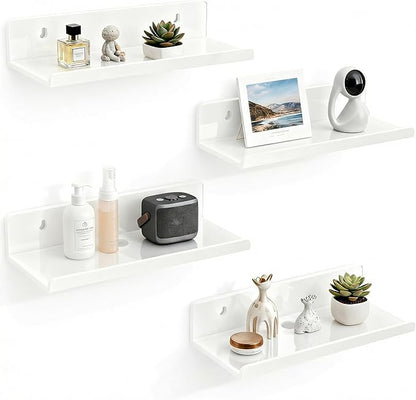 Acrylic Floating Shelves, Adhesive Wall Mount Command Shelves for Bathroom, Kitchen, Dorm - Renter-Friendly Easy Install Wall Shelves for Home Decor and Organization (Glossy White-4 Pack)