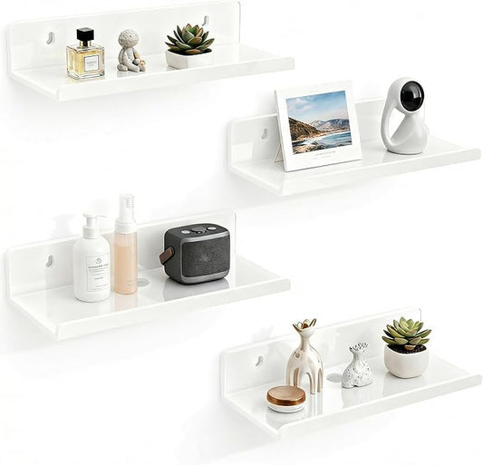 Acrylic Floating Shelves, Adhesive Wall Mount Command Shelves for Bathroom, Kitchen, Dorm - Renter-Friendly Easy Install Wall Shelves for Home Decor and Organization (Glossy White-4 Pack)