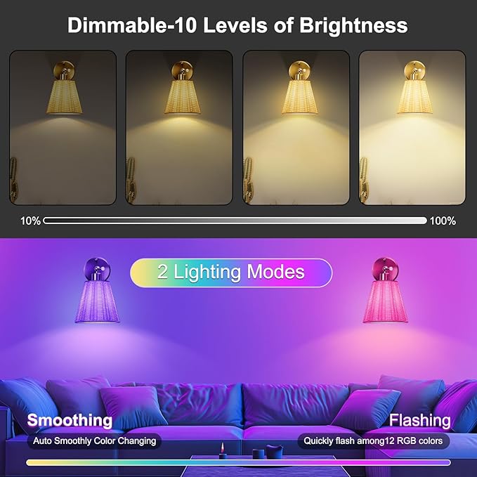 Frideko Swing Arm Rechargeable Battery Operated Wall Sconces Set of Two with Remote, RGB 15 Colors Dimmable Wall Light with Plastic Lampshade, 4 Timer Indoor Boho Wireless Sconce Lighting for Bedroom