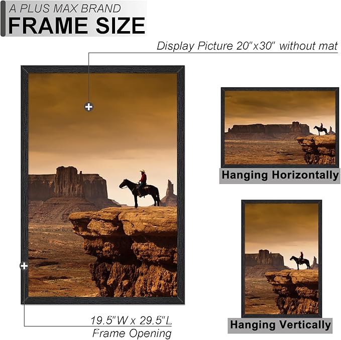 A PLUS MAX 20x30 Picture Frame, Black Engineered Wood Frame for 20 x 30 Inch Picture Poster Photo, Light Weight 20 by 30 Frame with Wood-grain for Wall - 1 Pack/Black/20 x30