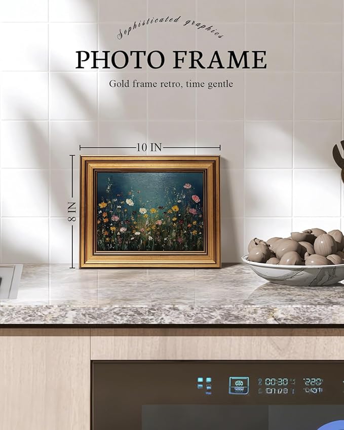 VIYYIEA Gold Framed Art Prints,8x10Inch, Wildflower Floral Vintage Art Painting, Moody Maximalist Decor for Library Bathroom Dining Room Shelf, Rustic Farmhouse Canvas Blue Picture