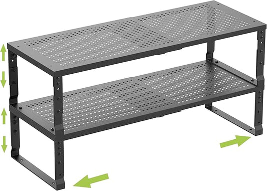 Expandable Cabinet Shelf Organizer Storage Spice Rack Shelves for Kitchen Stackable Adjustable Pantry Cupboard Bathroom Countertop Desktop(2Packs/Black/Large-with Hole)
