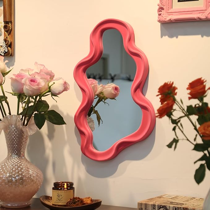 Wavy Mirror Wall Decor for Living Room, Asymmetrical Wall Mounted Mirror for Girly Bedroom Decoration, Velvet Touch Decorative Tray Home Accent for Dining Room Kitchen (Pink)