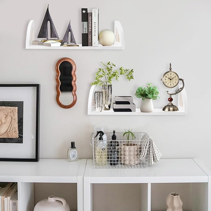 2 Pieces Rattan Wall Shelf ,16 inch Floating Shelves ,Rustic Wood Wall Mounted Storage Shelves ,Long Hanging Shelf, Natural Mounted Floating Shelvesfor Living Room Bathroom Kitchen BohoWall Decor