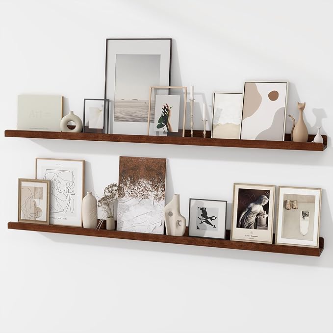 Picture Ledge Shelf | 55 Inch Wood Floating Shelves Set of 2 | Dark Wood Wall Shelves with Lip | Picture Shelf for Wall with Ledge | Photo Ledge Shelves