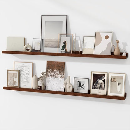Picture Ledge Shelf | 55 Inch Wood Floating Shelves Set of 2 | Dark Wood Wall Shelves with Lip | Picture Shelf for Wall with Ledge | Photo Ledge Shelves