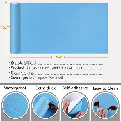 VEELIKE Thick Light Blue Wallpaper Peel and Stick for Bedroom Boys Room Bathroom Kitchen 15.7''x354'' Blue Contact Paper for Walls Cabinets Desk Countertops Waterproof Self Adhesive Vinyl Wallpaper