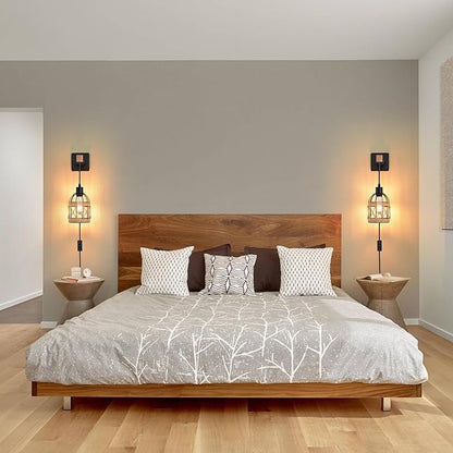 Rustic Wall Sconces Fixtures with Plug in Cord, Set of Two Indoor Vintage Rattan Wall Light Industrial Lamp Fixture Farmhouse Metal Sconces Light for Bedroom Bedside Living Room