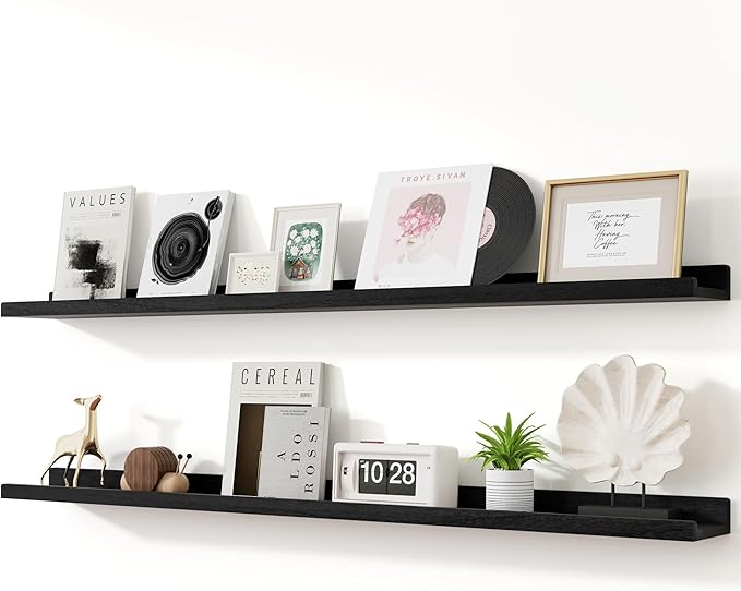 RICHFOCUS Floating Shelves for Wall, 55 inch Solid Wood Picture Ledge Shelf for Wall Storage, Nursery Book Shelves with Lip for Living Room Bathroom Bedroom Kitchen, Set of 2, Distressed Black