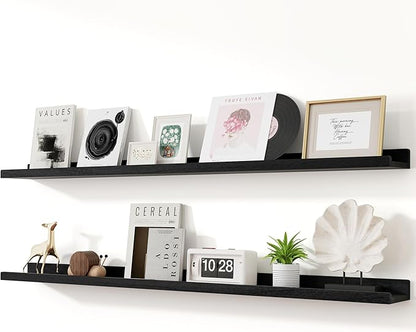 RICHFOCUS Floating Shelves for Wall, 55 inch Solid Wood Picture Ledge Shelf for Wall Storage, Nursery Book Shelves with Lip for Living Room Bathroom Bedroom Kitchen, Set of 2, Distressed Black