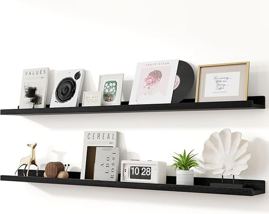 RICHFOCUS Floating Shelves for Wall, 55 inch Solid Wood Picture Ledge Shelf for Wall Storage, Nursery Book Shelves with Lip for Living Room Bathroom Bedroom Kitchen, Set of 2, Distressed Black