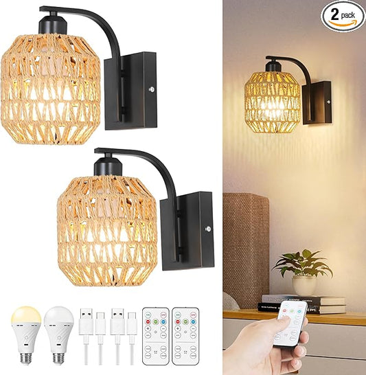 Black Rechargeable Battery Operated Wall Sconces Set of 2 with Remote, Boho Rattan Wireless Dimmable Battery Powered Wall Lights, Cordless Wall Lamp Lighting Fixture for Bedroom Living Room