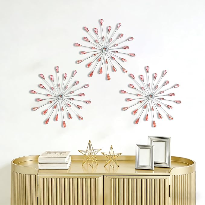 ZEXUIRU 3 Pack Silver Sunburst Wall Decor – Metal Crystal Wall Art with Sparkling Rhinestones, 14’’/18 Inch Starburst Wall Hanging Set for Living Room Bedroom Bathroom – Modern Bling Home Decorations