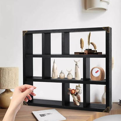 17.7x15.7-Inch Shadow Box Shelf 9-Slot Rustic Floating Shelves Larger Wall Mounted Lightweight Solid Wood Display Freestanding Farmhouse Shelf (9C-Classic Black)