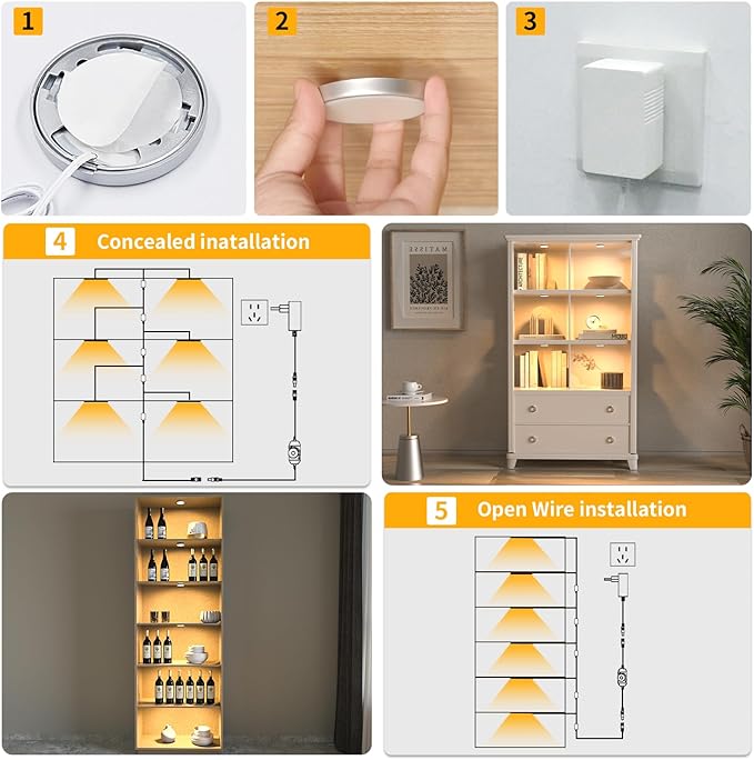 WOBANE LED Puck Lights Plug in, Under Cabinet Lighting with Switch, Dimmable Under Counter Lighting for Shelf, Closet, Cupboard, Bookcase, Display, Super Bright, 2700K Warm White, 6 Pack