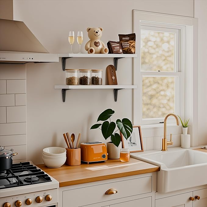 SKYSEN Floating Shelves for Wall Set of 6, 15.7in Wood Wall Shelf for Decor, Bathroom, Bedroom, Storage, Book,Kitchen, Living Room - White(fs-40-w)