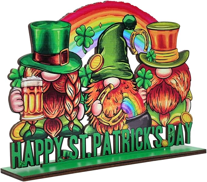 St Patricks Day Decor for Table Irish Green Gnome Decoration Wooden Centerpieces Rustic Farmhouse Sign for Tabletop Home Shelf Office St Patricks Day Party Decoration
