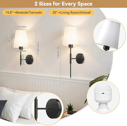 20 inch Battery Operated Wall Sconces Set of 2, Wireless Wall Lights with Rechargeable Bulbs & Remote, 15 Colors & Dimmable, Battery Powered Wall Lights for Bedroom, Living Room, Hallway, Black