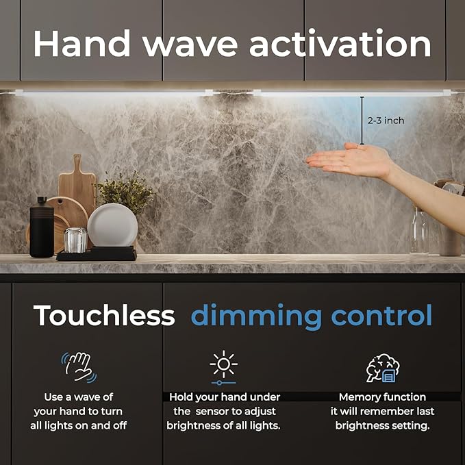 EShine Hand Wave Activated Under Cabinet LED Lighting Kit, Dimmable, 1-Pack 40 in - Touchless Dimming Control, Black Under Counter Lights for Kitchen, Garage, Office, Shelf - Warm White (3000K)