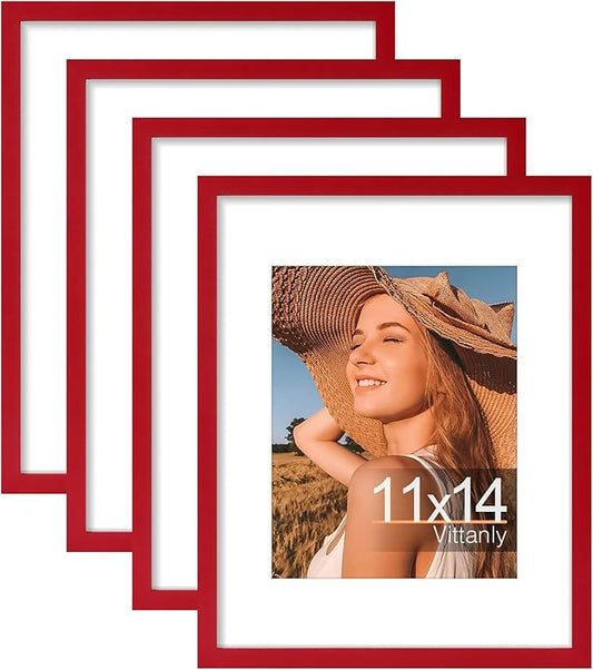 Vittanly 11x14 Picture Frame Set of 4, Display Pictures 8x10 with Mat or 11x14 without Mat, Gallery Wall Frame Set for Wall or Tabletop Display, Engineered Wood with Shatter Resistant Plexiglass, Red