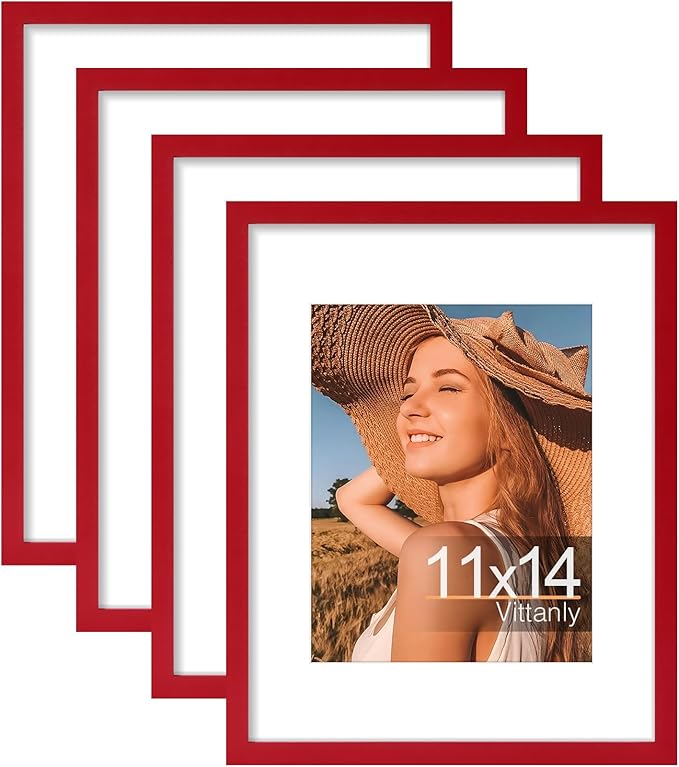 Vittanly 11x14 Picture Frame Set of 4, Display Pictures 8x10 with Mat or 11x14 without Mat, Gallery Wall Frame Set for Wall or Tabletop Display, Engineered Wood with Shatter Resistant Plexiglass, Red