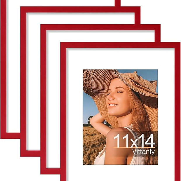 Vittanly 11x14 Picture Frame Set of 4, Display Pictures 8x10 with Mat or 11x14 without Mat, Gallery Wall Frame Set for Wall or Tabletop Display, Engineered Wood with Shatter Resistant Plexiglass, Red