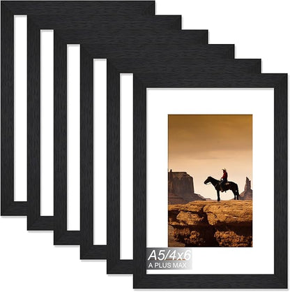 A PLUS MAX Black A5 Frame Set of 6, Engineered Wood Frame Display 4x6 Picture with Mat or Papaer Size A5 without Mat, A5 Frame with Wood-grain for Photo 5.8 x 8.3 inch for Wall - 6 Packs