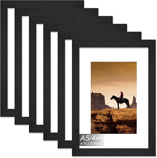 A PLUS MAX Black A5 Frame Set of 6, Engineered Wood Frame Display 4x6 Picture with Mat or Papaer Size A5 without Mat, A5 Frame with Wood-grain for Photo 5.8 x 8.3 inch for Wall - 6 Packs