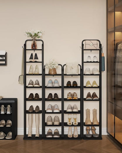 8 Tiers Vertical Shoe Rack, Narrow Shoe Tower, Tall Shoes Shelf with 2 Hooks, Adjustable Shelves, Corner Shoes Shelves for Small Spaces, Entryway, Living Room, Black SR04304B