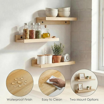 Z metnal Small Decor Shelves, Mini Floating Wooden Display Wall Shelf for Smart Speaker WiFi Collectables, Sauna Shelves, Wood, Wall Mounted, 12 x 5.5inch, 2 Pack