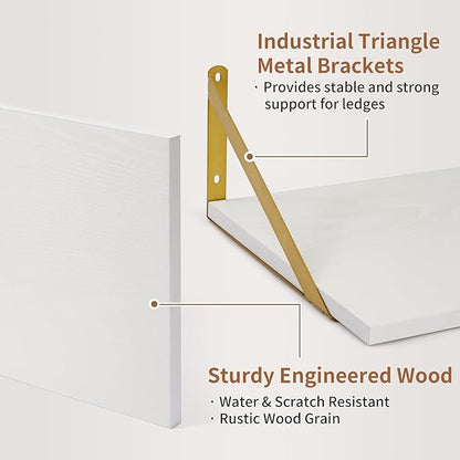Axeman Deep Floating Shelves for Wall, 12 Inch Deep White and Gold Shelves Set of 2, 16W x 12D White Wood Wall Shelves with Golden Brackets for Bedroom Bathroom Living Room Kitchen - White & Gold