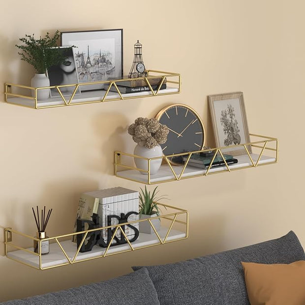 Floating Shelves Set of 3, Home Wood Wall Shelf, Farmhouse Shelf for Bedroom, Wall Mounted Floating Shelf for Living Room, Bedroom, Bathroom, Kitchen, Office (Gold)