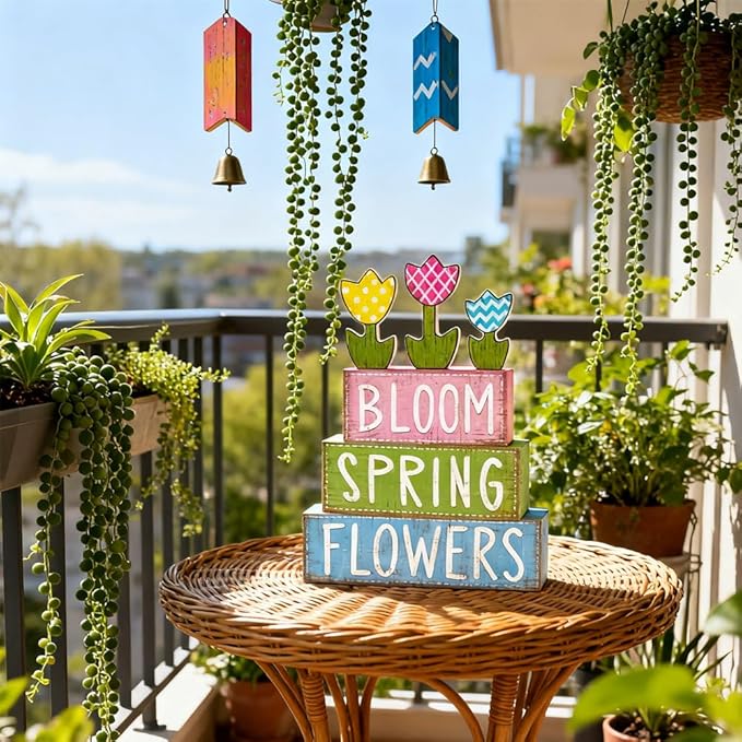 DIYDEC 6Pcs Spring Tabletop Decorations Colorful Tulip Wooden Block Signs Rustic Pastel Flower Tiered Tray Decor Spring Centerpiece Farmhouse Wood Tulip Table Sign for Kitchen Home Office Party Decor