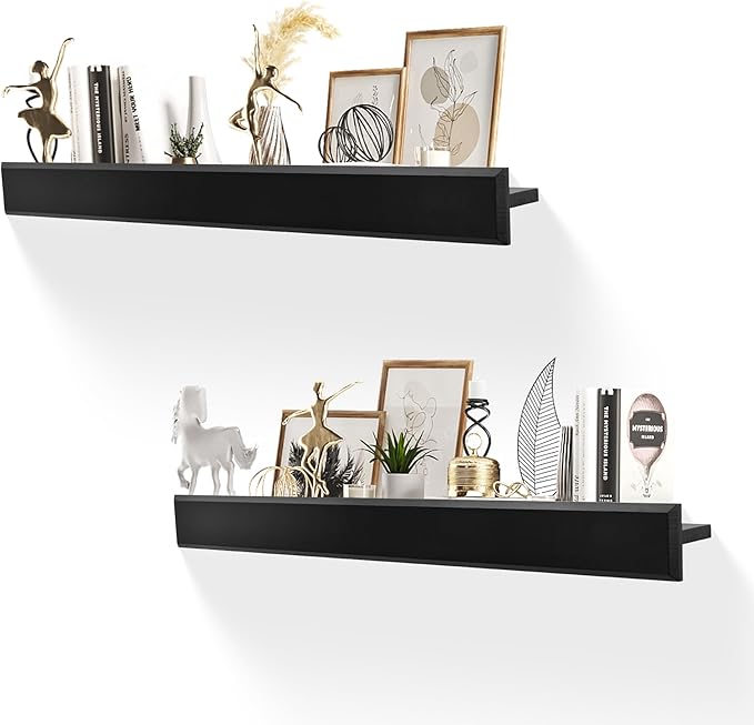 32 Inch Picture Ledge Shelf with Lip,Floating Shelves for Wall, Set of 2 Solid Pine Wood Shelves with Invisible Brackets, Wall Storage for Living Room, Bedroom, Kitchen, Bathroom(Black)