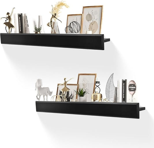 32 Inch Picture Ledge Shelf with Lip,Floating Shelves for Wall, Set of 2 Solid Pine Wood Shelves with Invisible Brackets, Wall Storage for Living Room, Bedroom, Kitchen, Bathroom(Black)