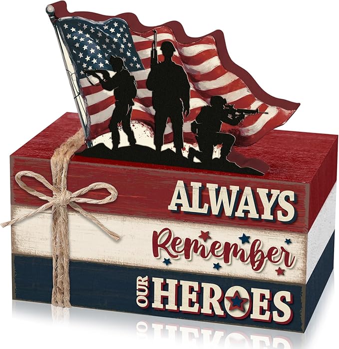 Geelin 4 Pcs Memorial Day Wooden Book Stack Decorations, Patriotic Tabletop Book Sign with Soldiers and American Flag, Rustic Red White Blue Tiered Tray Decor for Home Office Veterans Day