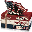 Geelin 4 Pcs Memorial Day Wooden Book Stack Decorations, Patriotic Tabletop Book Sign with Soldiers and American Flag, Rustic Red White Blue Tiered Tray Decor for Home Office Veterans Day