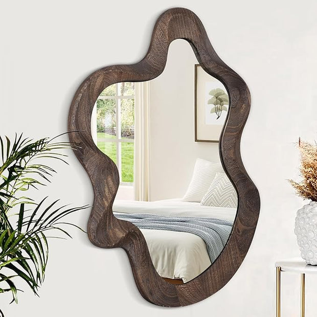 Asymmetrical Wavy Mirror for Wall Decor - Large Cute and Stylish Unique Wooden Framed Artistic Cloud Mirror, 21.6"x15" - Decorative for Living Room, Bedroom, Bathroom, Entryway