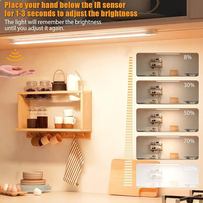 MYPLUS 16 Inch Under Cabinet Lights with Hand Wave, Under Counter Lighting 3000K Warm White,Dimmable,Plug and Play,LED Lights for Kitchen Cabinet, Cupboard, Closet, Desk
