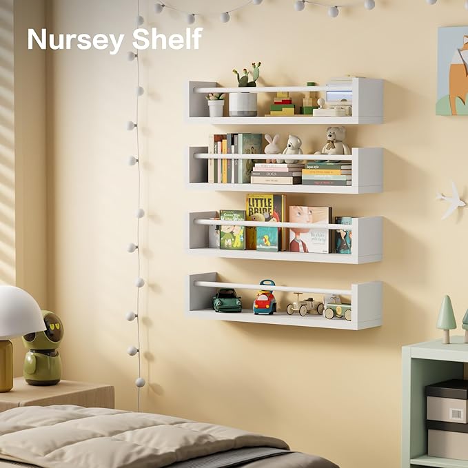 23.6" Wall Book Shelves for Kids - Floating Nursery Book Shelves Set of 4, White Wall Mounted Bookshelf for Kids Room, Toddler Bedroom Furniture & Toy Storage