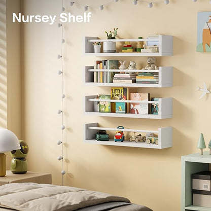 16.5" Wall Book Shelves for Kids - Floating Nursery Book Shelves Set of 4, White Wall Mounted Bookshelf for Kids Room, Toddler Bedroom Furniture & Toy Storage