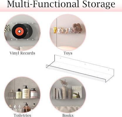 MEBRUDY Clear Acrylic Shelves Pack of 7, 15 inch Floating Wall Shelf for Bookshelves, Bathroom, Bedroom, Living Room, Kitchen Storage, Organization